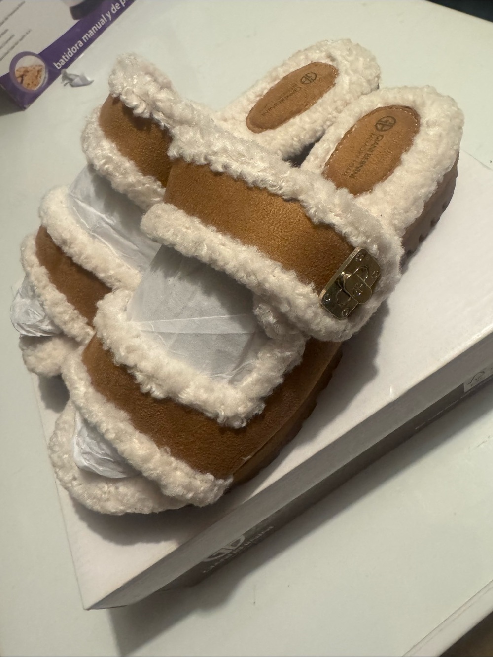 Giani Bernini Cream Faux-Shearling and Tan Suede Slide Mules